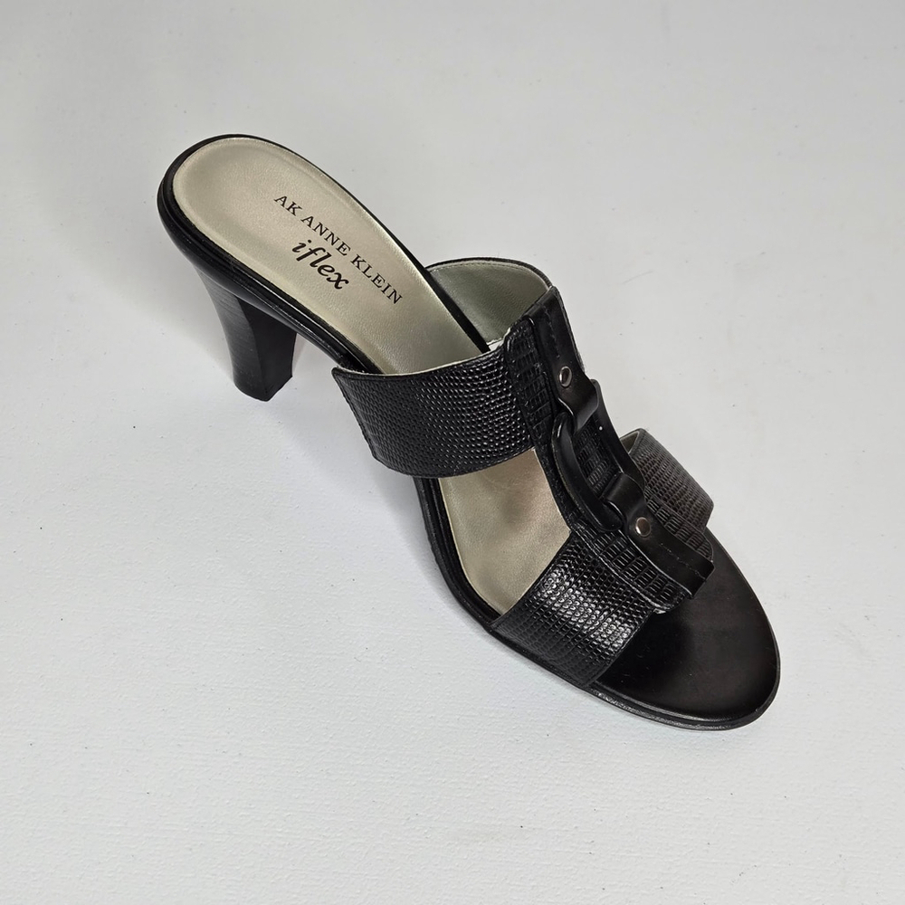 Anne Klein iFlex Zita Black Leather Comfort Strap Mule Heel Sandal Shoes Sz 7